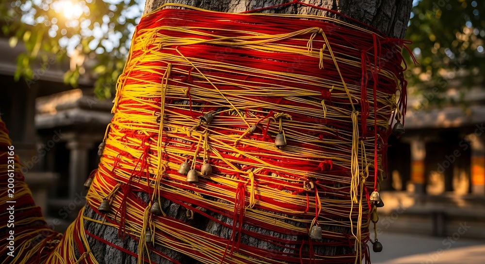 Obraz premium Tree trunk wrapped with colorful threads and small bells a sacred ritualistic offering in a temple spiritual and cultural tradition