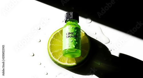 Bright green bottle of Lime Shake liquid with water droplets on a fresh lime slice isolated on white with dramatic shadow concept for beverage or cosmetic product