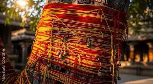 Tree trunk wrapped with colorful threads and small bells a sacred ritualistic offering in a temple spiritual and cultural tradition