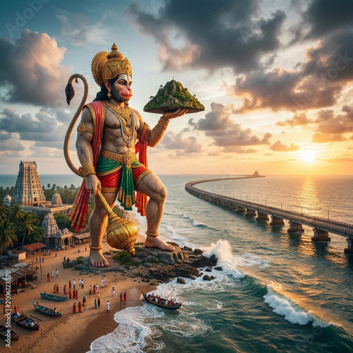 Majestic Lord Hanuman carrying the Dronagiri mountain over the Indian Ocean with a coastal temple and bridge