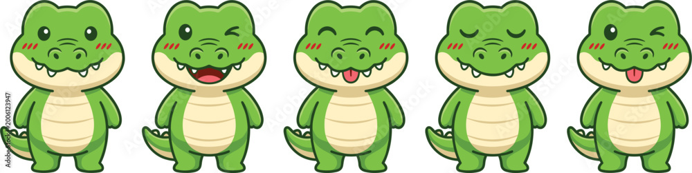Obraz premium Cute crocodile cartoon character set adorable green alligator mascot vector illustration collection design