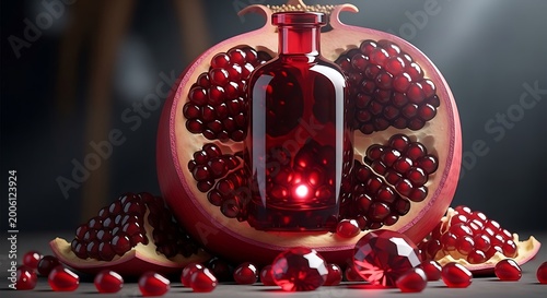 Fresh pomegranate juice in a glass bottle surrounded by ripe pomegranate seeds and fruit representing healthy organic food and beverage