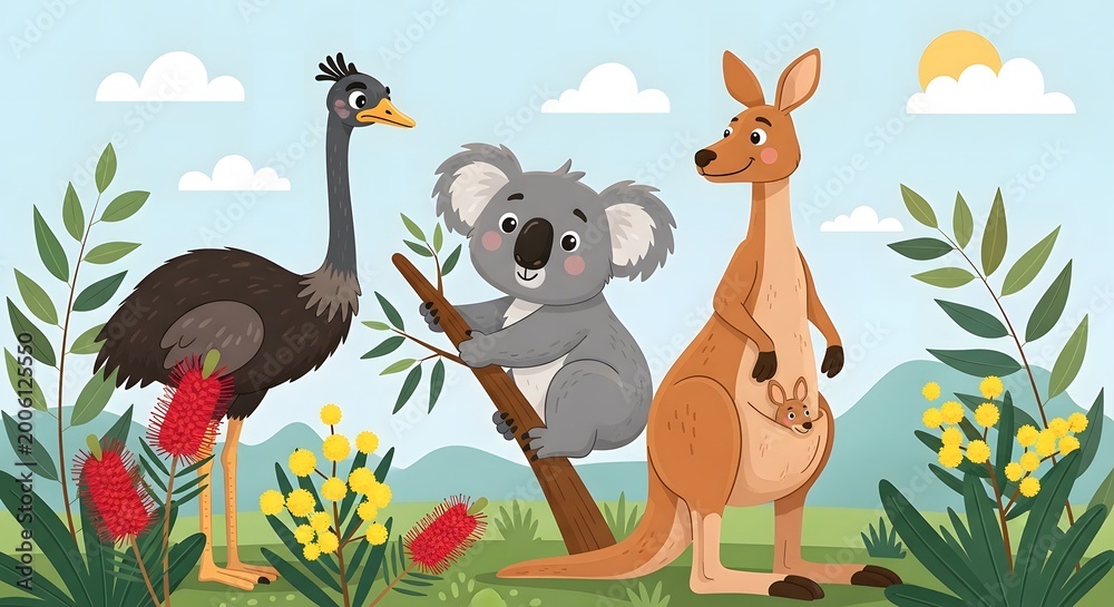 Naklejka premium Australian wildlife characters emu koala kangaroo with joey standing in flower field.