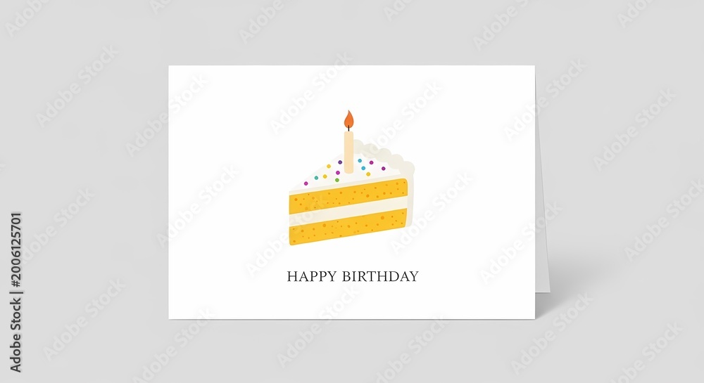 Naklejka premium Birthday greeting card with cake slice illustration on a white background