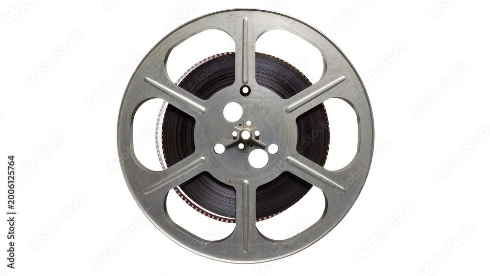 Naklejka premium Vintage metal film reel with black celluloid tape, isolated on transparent background
