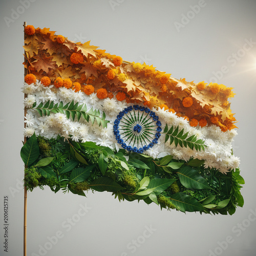 Indian National Flag featuring vibrant orange, white and green leaves and flowers. Centered is a navy blue Ashoka Chakra crafted from leaves and flowers.18x18 inch