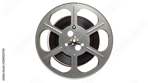 Vintage metal film reel with black celluloid tape, isolated on transparent background