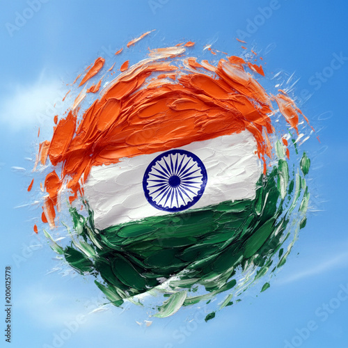 Indian National Flag, featuring thick, textured palette knife strokes in round circle flying in the sky. Centered in the middle band is a navy blue Ashoka Chakra. 18x18 inch (2)