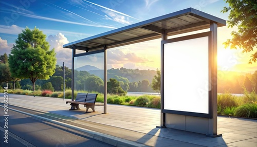 Bus Stop Shelter with Blank Billboard at Sunset in Nature