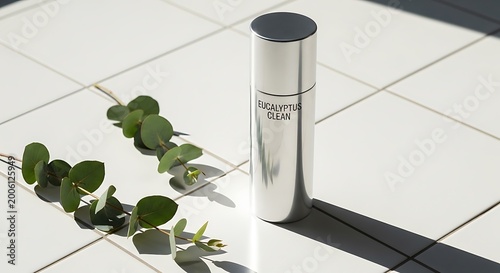 Minimalist silver spray bottle with eucalyptus leaves representing natural skincare and aromatherapy ideal for beauty product advertising