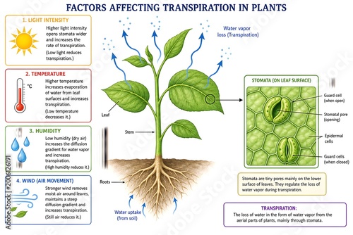 Detailed biology diagram of transpiration in plants influenced by sunlight, humidity, wind, and temperature