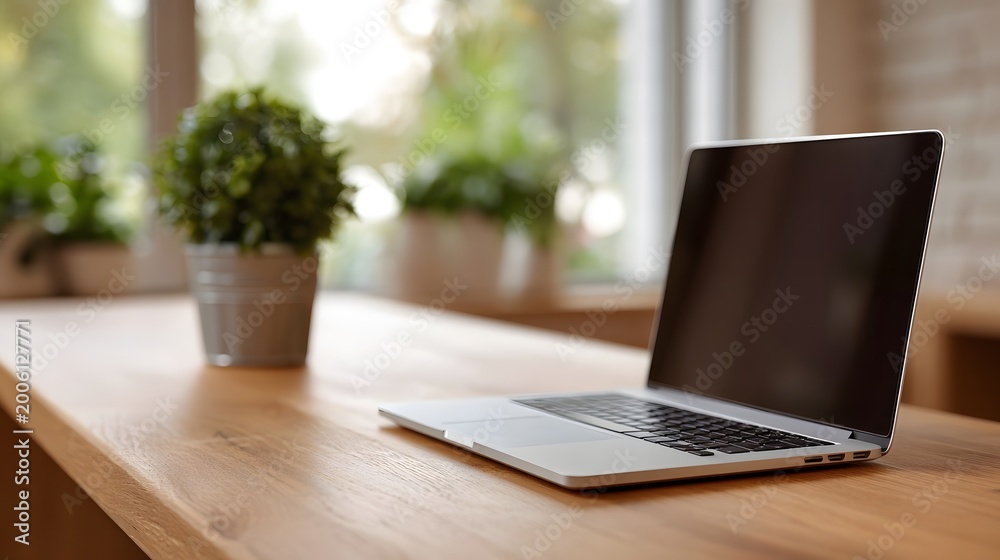 Fototapeta premium Open laptop placed on a wooden desk bathed in natural light situated in a home office environment with potted greenery