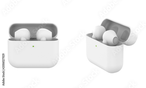 Modern wireless earbuds headphones isolated on white background. 3d illustration