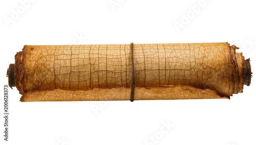 Fotografie Ancient cracked parchment scroll tied with twine, isolated on transparent backgr