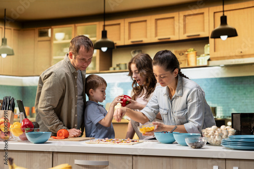 Fotografie Family prepares homemade meal with excited kids arranging fresh ingredients on the pizza