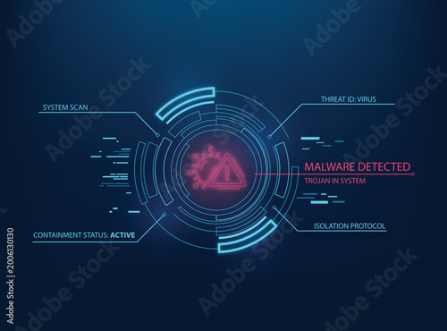 Futuristic HUD interface Malware Detected warning. glowing blue circular scan elements, a red virus icon, and technical data labels regarding system security, cyber threats