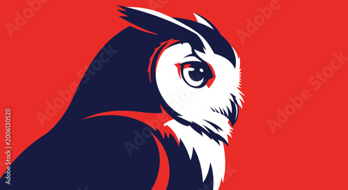 Fotografia Stylized Owl Portrait, Minimalist Design, Bold Red and Blue Colors, Graphic Art