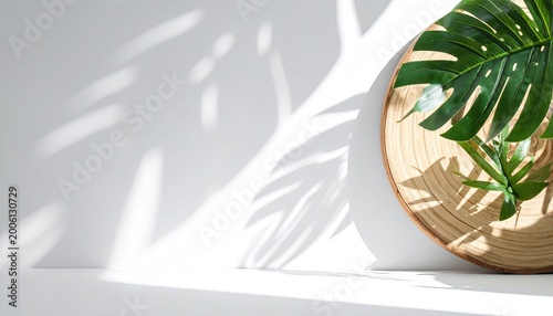 Minimalist white background with tropical leaf shadows and bamboo tray