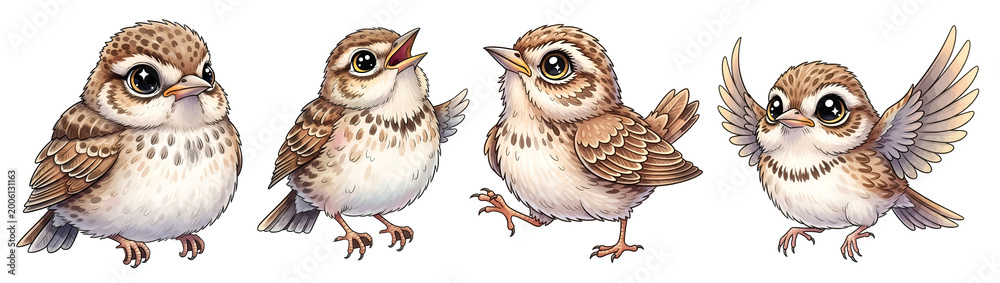 Obraz premium Collection of cute little baby sparrows in various poses and expressions illustrated for children on transparent background