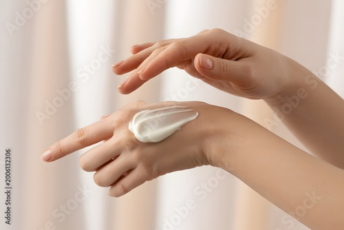 Female hands gently spreading moisturizing cream on back of hand for skincare