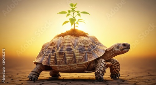 Turtle Carrying a Growing Plant on Its Shell in a Desert Landscape