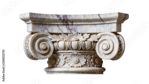 фотографія Ornate marble Ionic column capital with floral carvings, isolated on transparent