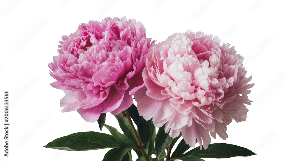 Obraz premium Two lush pink peonies with green leaves, isolated on transparent background