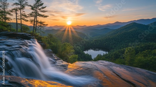 Waterfall drops from a rocky precipice above a mountain lake as the sun sets behind the distant rolling hills.