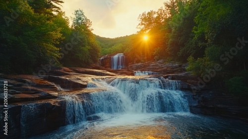 Waterfall cascades over rugged rocky terrain while the sun sets behind the dense trees of a lush valley.