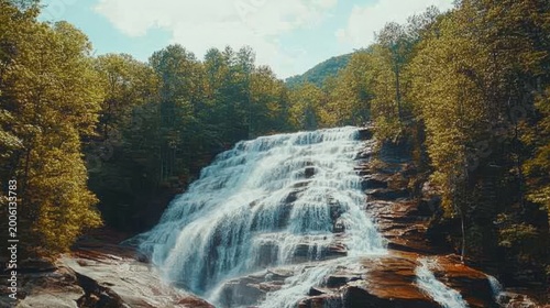 Waterfall cascades down a rocky cliff face surrounded by a dense forest of green trees during a bright summer day.