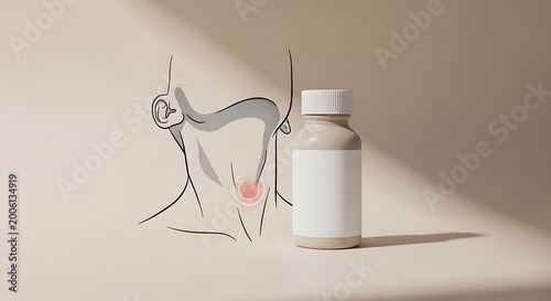 Professional Neck Pain Icon and Medication Bottle on Beige Surface