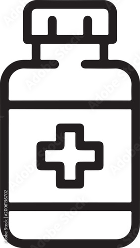 Simple medical bottle icon with cross symbol on label