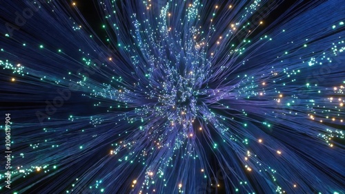 Vibrant streams of light create an abstract visual effect representing energy and movement in a colorful digital space