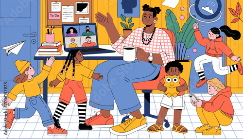 African american dad works from home with energetic kids playing around remote work and family balance