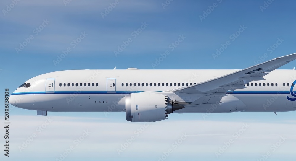 Obraz premium White airplane in flight against a clear blue sky with clouds