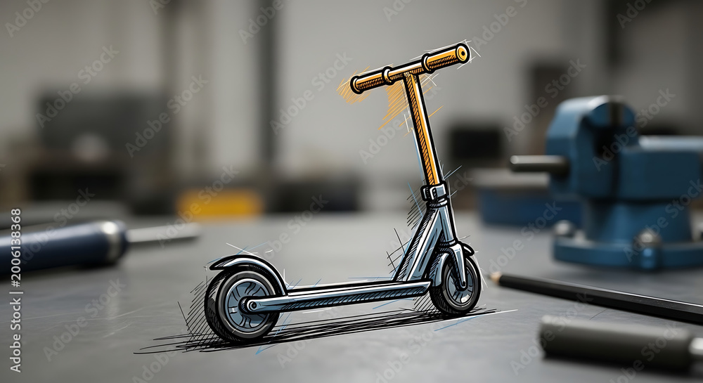 Fototapeta premium Pixelated electric scooter on a workbench with tools, urban mobility and transportation concept