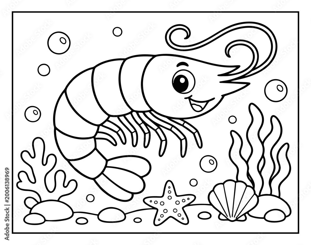 Fototapeta premium Cute shrimp cartoon illustration for children coloring page featuring underwater life with bubbles seaweed and a starfish character