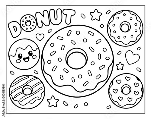 Принти на полотні Donut coloring page featuring various sweet glazed doughnuts with sprinkles and