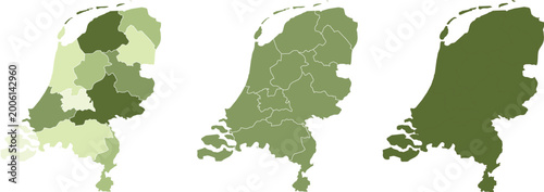 Three stylized maps of the Netherlands showing regional and provincial divisions in varying green shades for geographic comparison