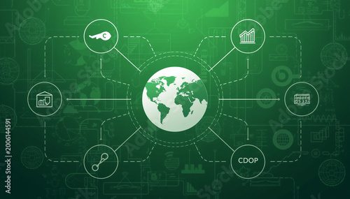Global Network Connectivity Concept with Data Management Icons on Green Background