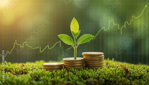 Young plant growing from coin stacks symbolizing financial growth, sustainable investment, and rising profits