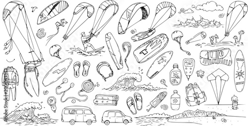 Fotografie Kitesurfing Equipment and Beach Scene Doodle: Hand-Drawn Vector Illustration