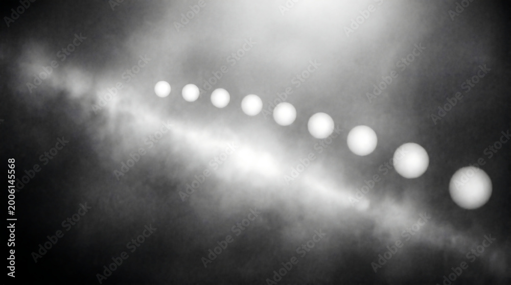 Obraz premium Abstract Dark Smoke Dust Texture with White Glowing Light Orbs for Cinematic Overlay and Mystery Atmosphere Background