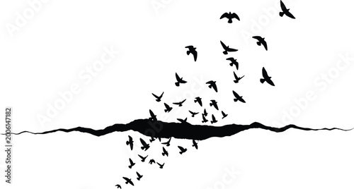 Tableau sur toile Black Silhouette Flock of Birds Rising and Falling from Cracked Horizon Line on