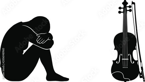 Canvas Print Silhouette of Depressed Person Sitting Alone Beside Violin Musical Instrument on