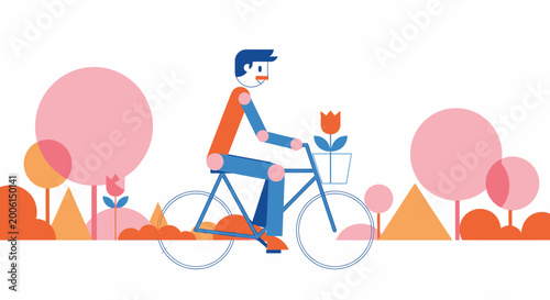 Man riding bicycle through minimalist landscape with flowers