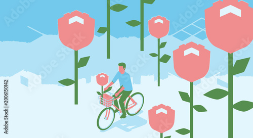 Man riding bicycle through giant pink roses in minimalist landscape