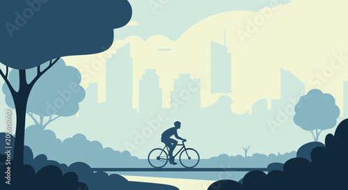 Man riding bicycle through park with city skyline background