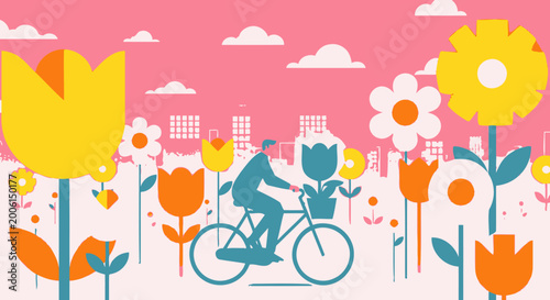Man riding bicycle through vibrant flower garden with cityscape background