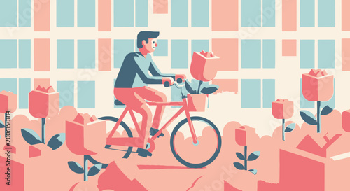 Man riding bicycle through stylized city flower garden